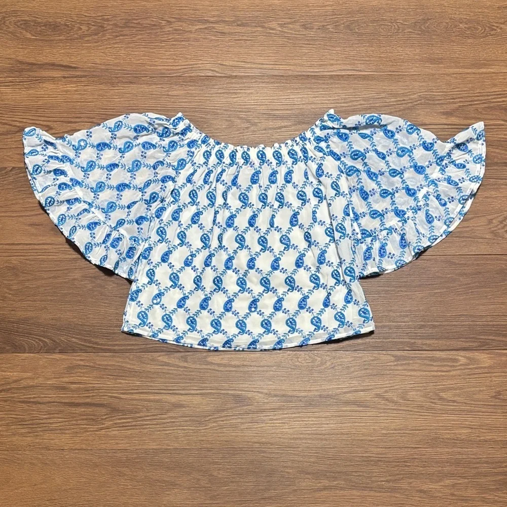 Lilly Pulitzer Alva Off-Shoulder Top Baha Blue Paisley Sequin Print Size S - Picture 5 of 7